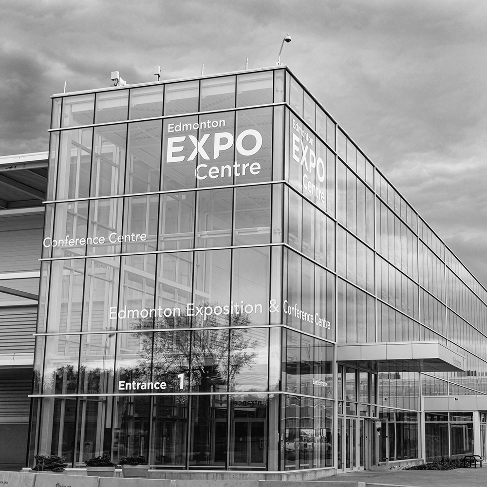 Exterior shot of the Edmonton Expo Centre on a cloudy afternoon