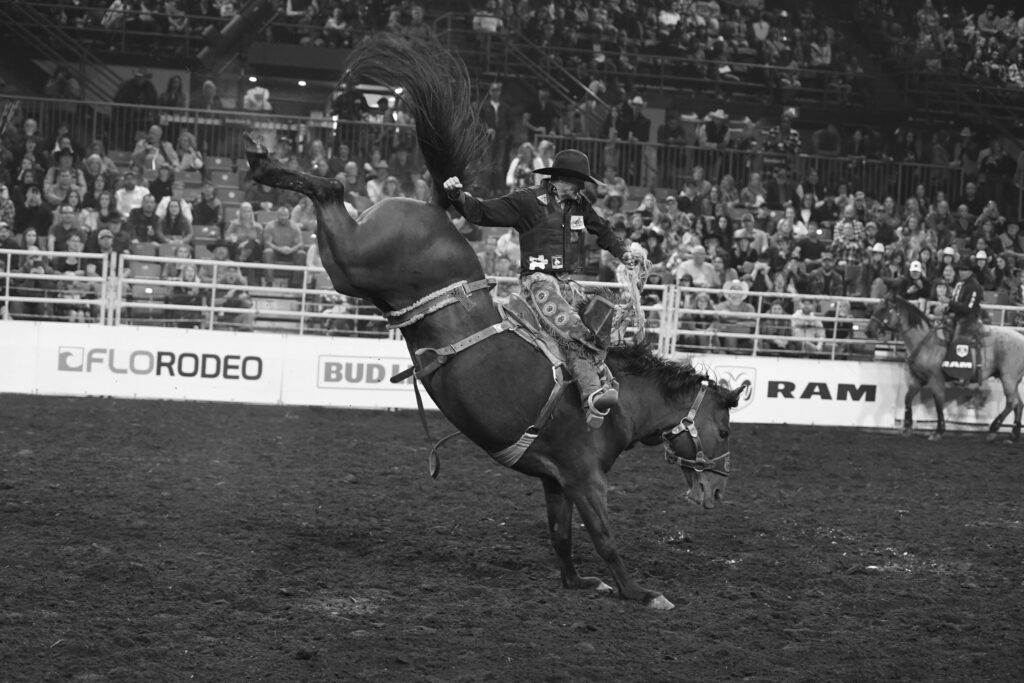 A white man rides a bucking horse at the Edmonton Pro Rodeo