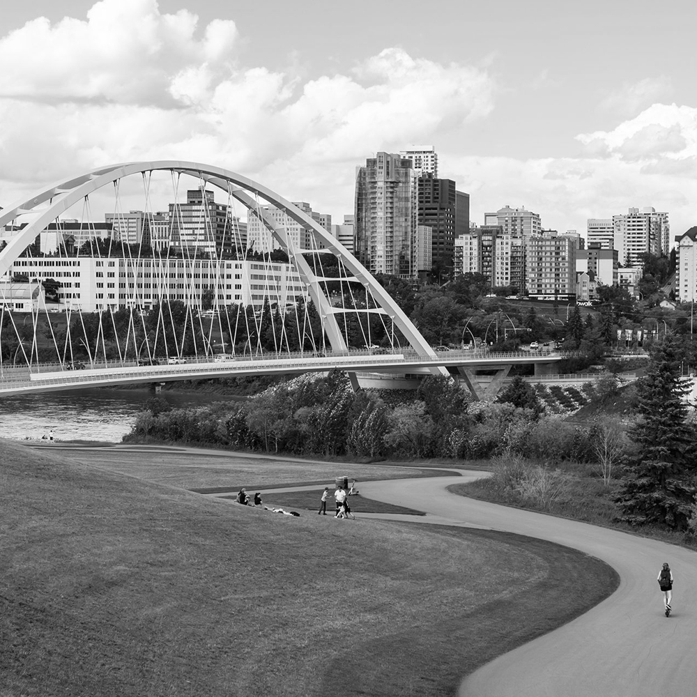Queen Elizabeth Hill in Edmonton with the Walterdale Bridge and Downtown Edmonton in the background